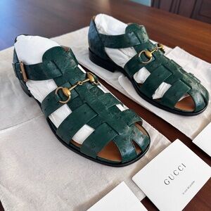 Gucci Men’s Emerald Green Ostrich Leather Fisherman Sandals Exotics Size 10 NWT